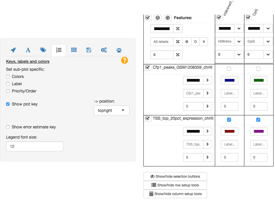 The view on keys, labels and colors panel (left). Color picker, label text input and Priority/Order checkboxes reviled on plot set grid (right).